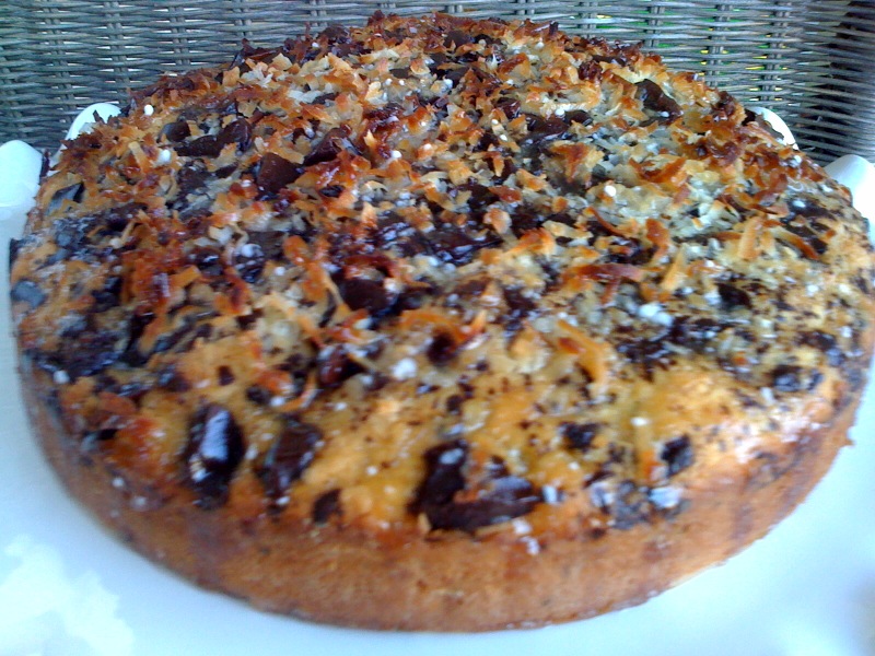 Coconut Cake with Chocolate Chunks and Coconut Drizzle