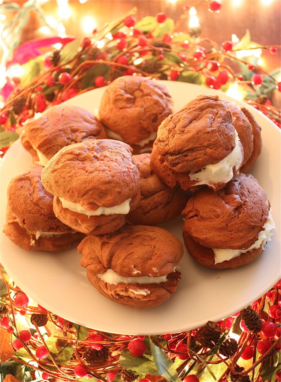 Red Velvet Whoopie Pies with Peppermint Cream Cheese Filling