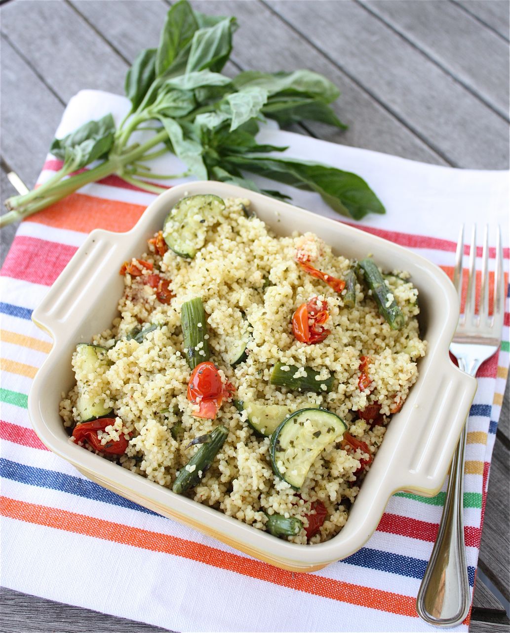 Roasted Tomato, Asparagus and Zucchini Couscous with Lemon Basil Dressing