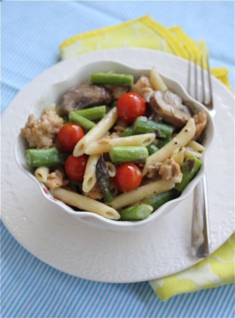 Chicken Sausage, Goat Cheese and Asparagus Penne