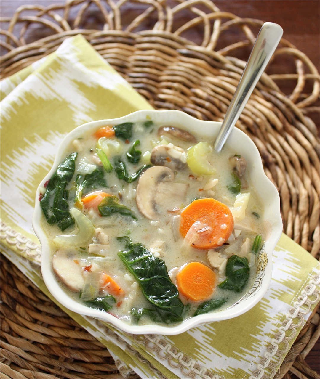 Chicken, Mushroom and Wild Rice Soup with Spinach