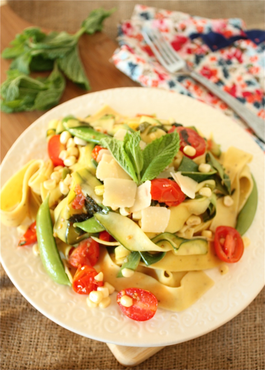 Zucchini Ribbon, Cherry Tomato and Corn Pappardelle